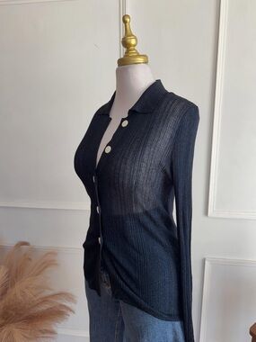 Zara Black Ribbed Button-Down Shirt with White Buttons